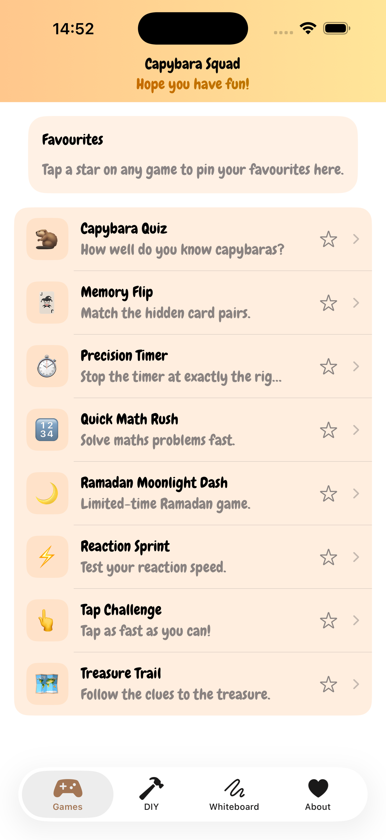 Capybara Squad Games list showing all available games